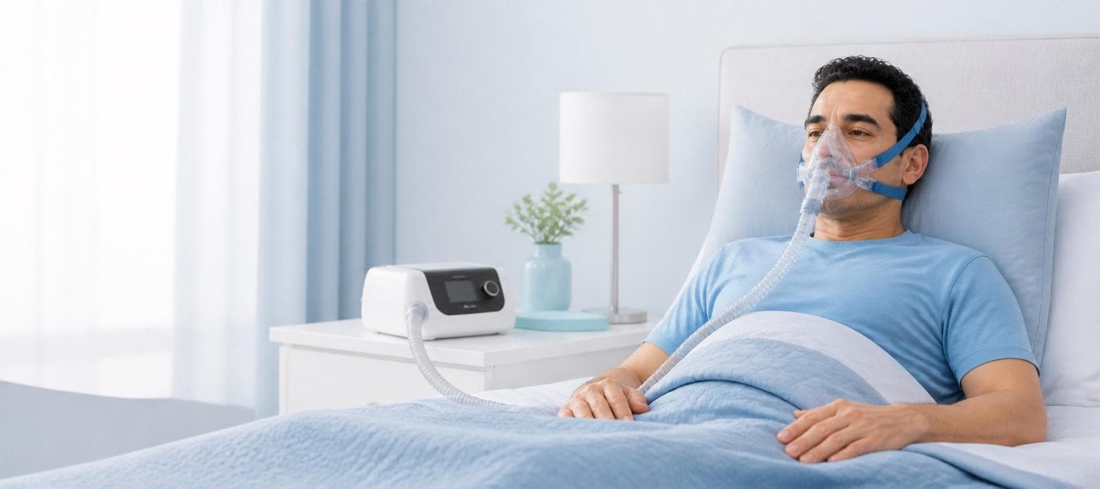 Homme portant un masque nasal de PPC, endormi dans son lit, appareil de pression positive continue posé sur la table de chevet
